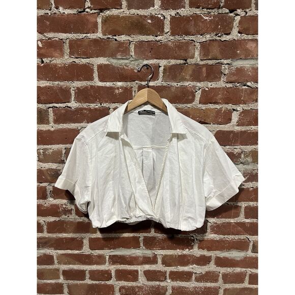 Zara Womens Cotton Linen Crop Blouse White Deep V-Neck - Picture 1 of 3